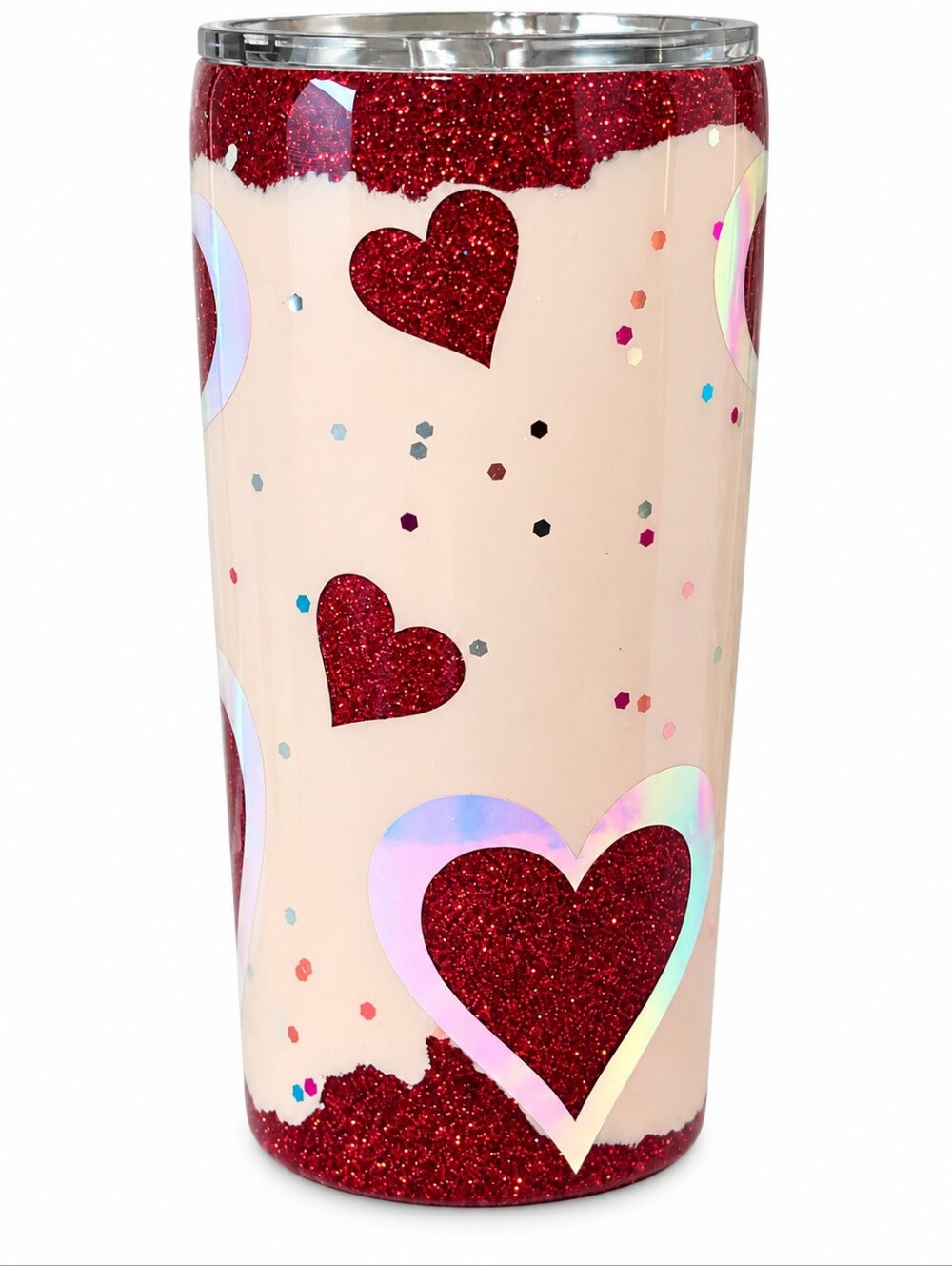 20oz Handmade Pink Red Heart Glitter Epoxy Tumbler Insulated Travel Cup